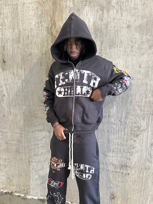 BLACK "PATCHWORK' HOODIE